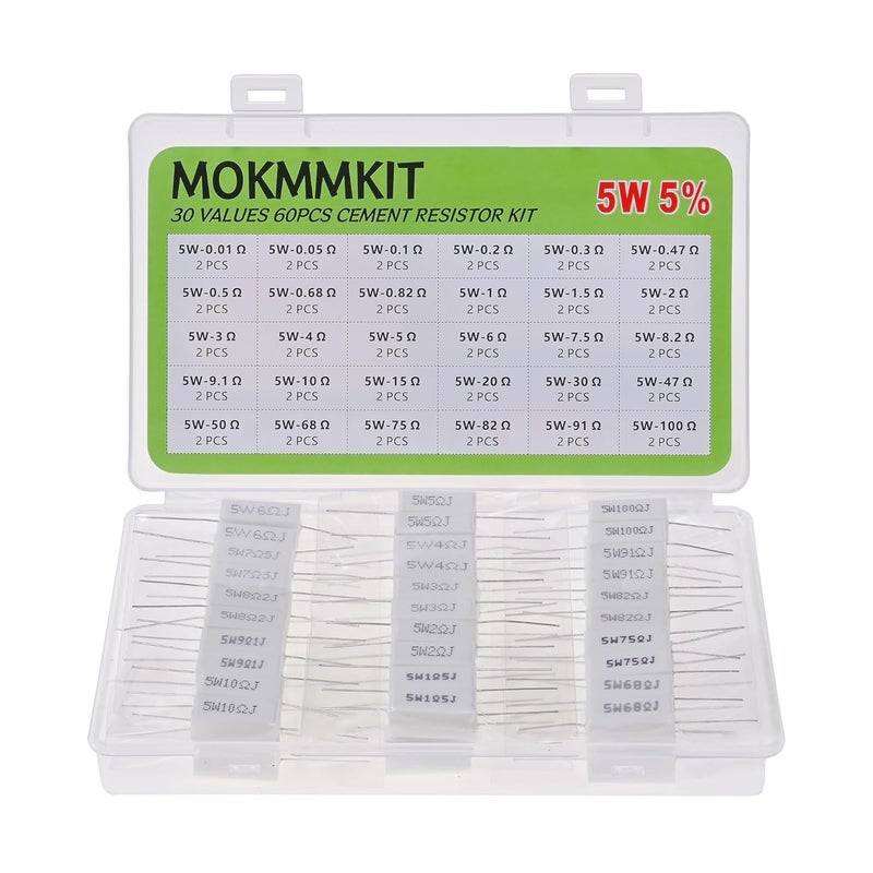 MOKMMKIT 30 Values 60 Pieces Ceramic Cement Resistor KIT 5W Resistance 5 Watt ±5% Power Resistors (0.01 Ohm - 100 Ohm) - Image 1